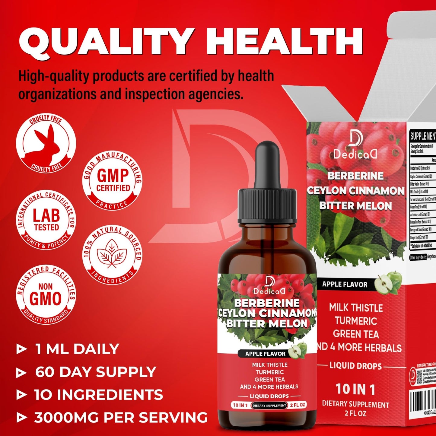 DEDICAD 10in1 Berberine HCl Drops - Liposomal Berberine Liquid - Activator Berberine with Ceylon Cinnamon, Bitter Melon, and 7 More - 60ml - dailyvitalstore