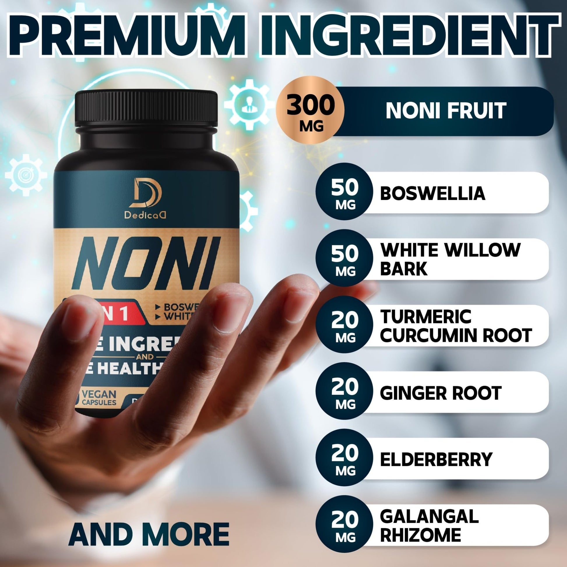 DEDICAD 10in1 Noni Capsules - 4 Month Supply with Elderberry, Boswellia, Turmeric, Ginger & More - Support Muscle, Joint, Digestive & Immune - 2 Packs of 60 Vegan Capsules, Non-GMO & Gluten-Free - dailyvitalstore