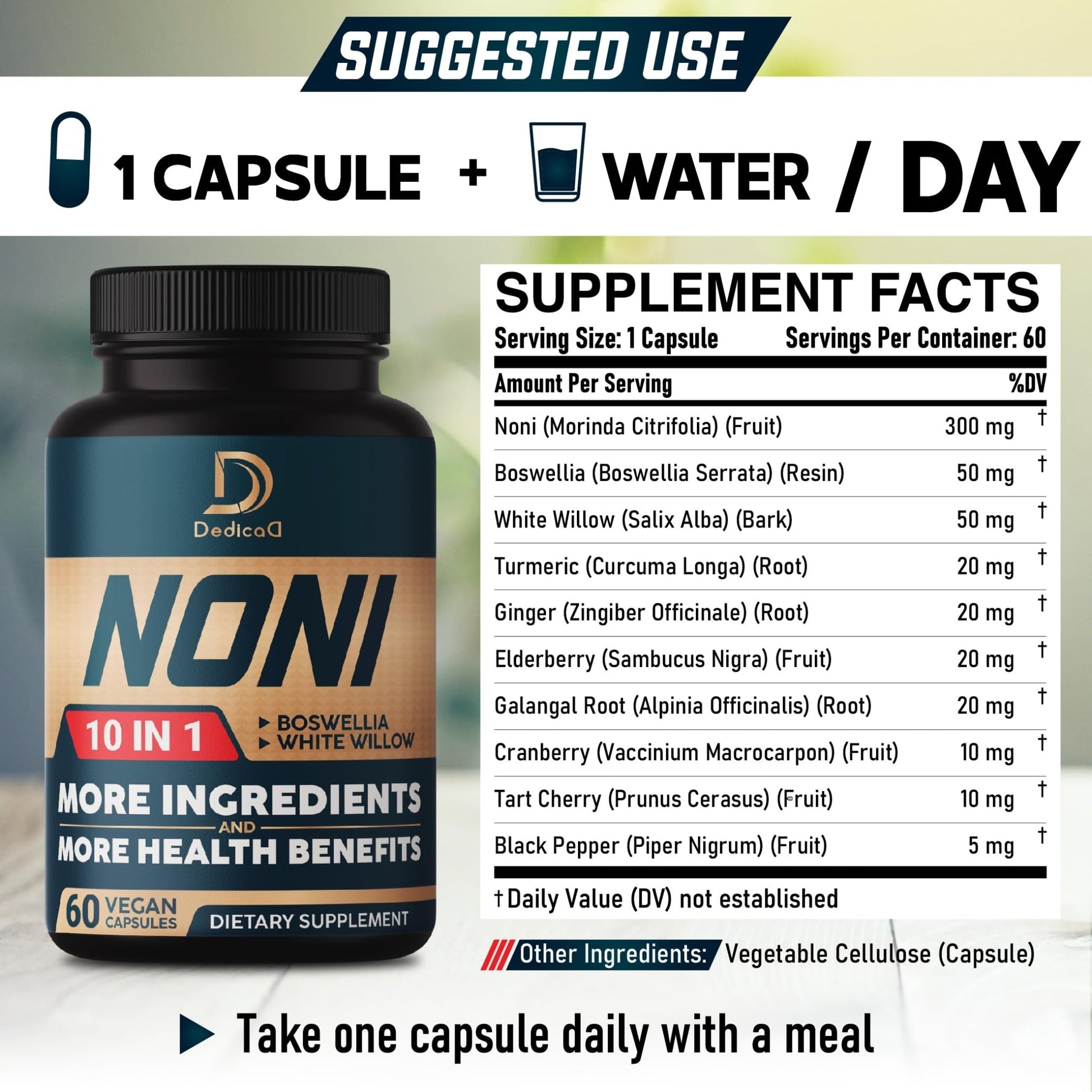 DEDICAD 10in1 Noni Capsules - 4 Month Supply with Elderberry, Boswellia, Turmeric, Ginger & More - Support Muscle, Joint, Digestive & Immune - 2 Packs of 60 Vegan Capsules, Non-GMO & Gluten-Free - dailyvitalstore