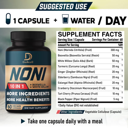 DEDICAD 10in1 Noni Capsules - 4 Month Supply with Elderberry, Boswellia, Turmeric, Ginger & More - Support Muscle, Joint, Digestive & Immune - 2 Packs of 60 Vegan Capsules, Non-GMO & Gluten-Free - dailyvitalstore