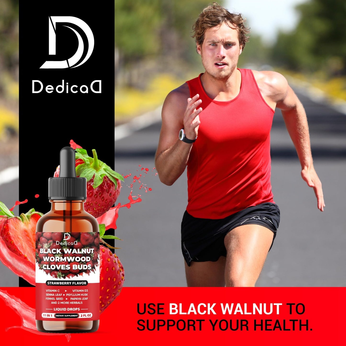 DEDICAD 11in1 Black Walnut Wormwood Cloves Liquid Drops with Cloves Buds, Senna Leaf, Psyllium Husk, Fennel Seed, Papaya Leaf and More - 2 oz Fl - 60 Days - Strawberry Flavor - dailyvitalstore