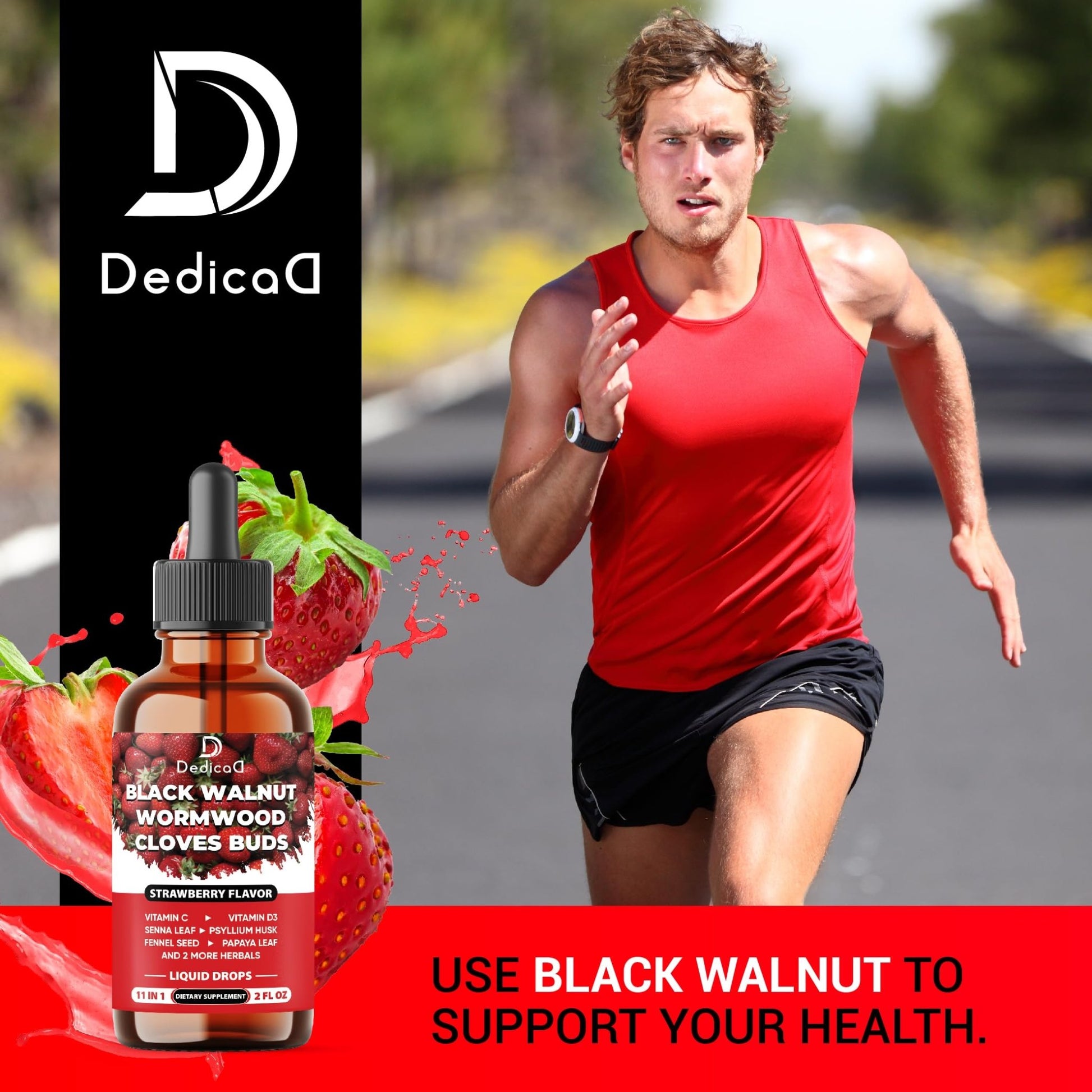 DEDICAD 11in1 Black Walnut Wormwood Cloves Liquid Drops with Cloves Buds, Senna Leaf, Psyllium Husk, Fennel Seed, Papaya Leaf and More - 2 oz Fl - 60 Days - Strawberry Flavor - dailyvitalstore