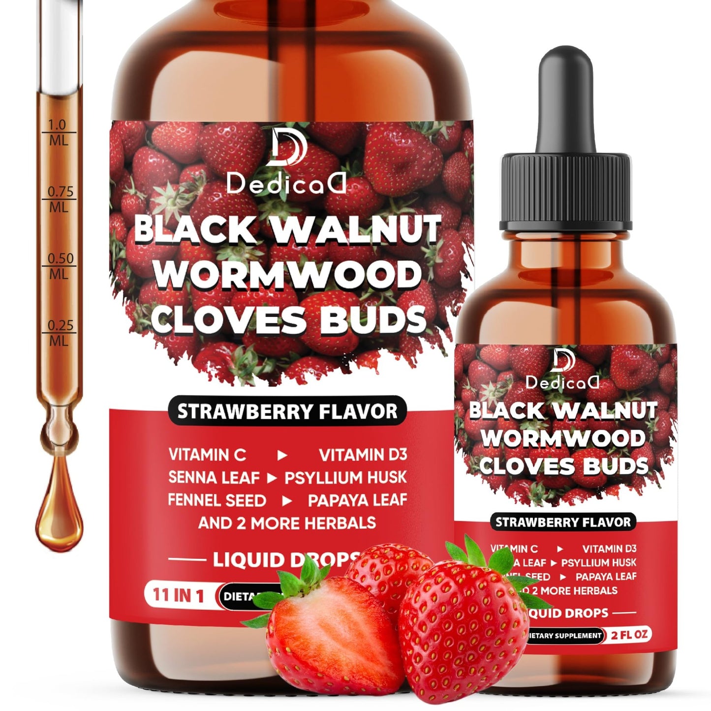 DEDICAD 11in1 Black Walnut Wormwood Cloves Liquid Drops with Cloves Buds, Senna Leaf, Psyllium Husk, Fennel Seed, Papaya Leaf and More - 2 oz Fl - 60 Days - Strawberry Flavor - dailyvitalstore