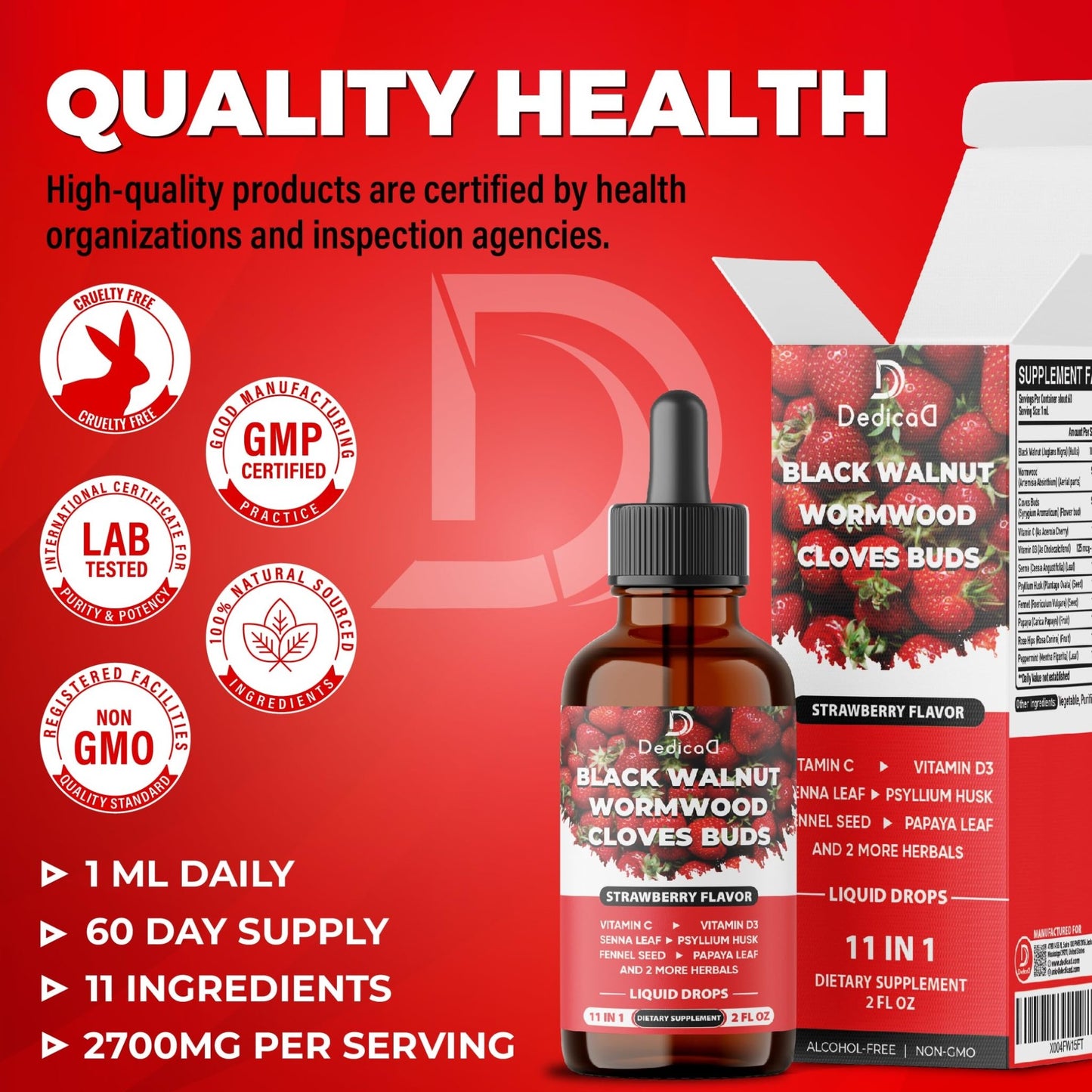 DEDICAD 11in1 Black Walnut Wormwood Cloves Liquid Drops with Cloves Buds, Senna Leaf, Psyllium Husk, Fennel Seed, Papaya Leaf and More - 2 oz Fl - 60 Days - Strawberry Flavor - dailyvitalstore