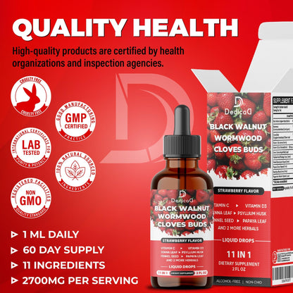 DEDICAD 11in1 Black Walnut Wormwood Cloves Liquid Drops with Cloves Buds, Senna Leaf, Psyllium Husk, Fennel Seed, Papaya Leaf and More - 2 oz Fl - 60 Days - Strawberry Flavor - dailyvitalstore
