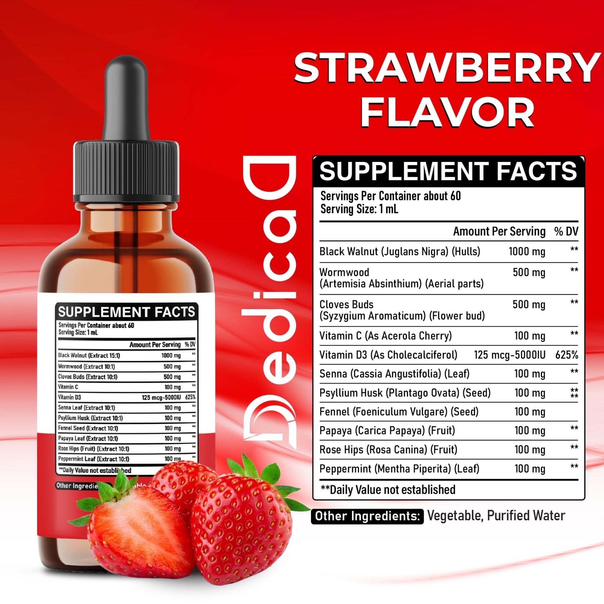DEDICAD 11in1 Black Walnut Wormwood Cloves Liquid Drops with Cloves Buds, Senna Leaf, Psyllium Husk, Fennel Seed, Papaya Leaf and More - 2 oz Fl - 60 Days - Strawberry Flavor - dailyvitalstore