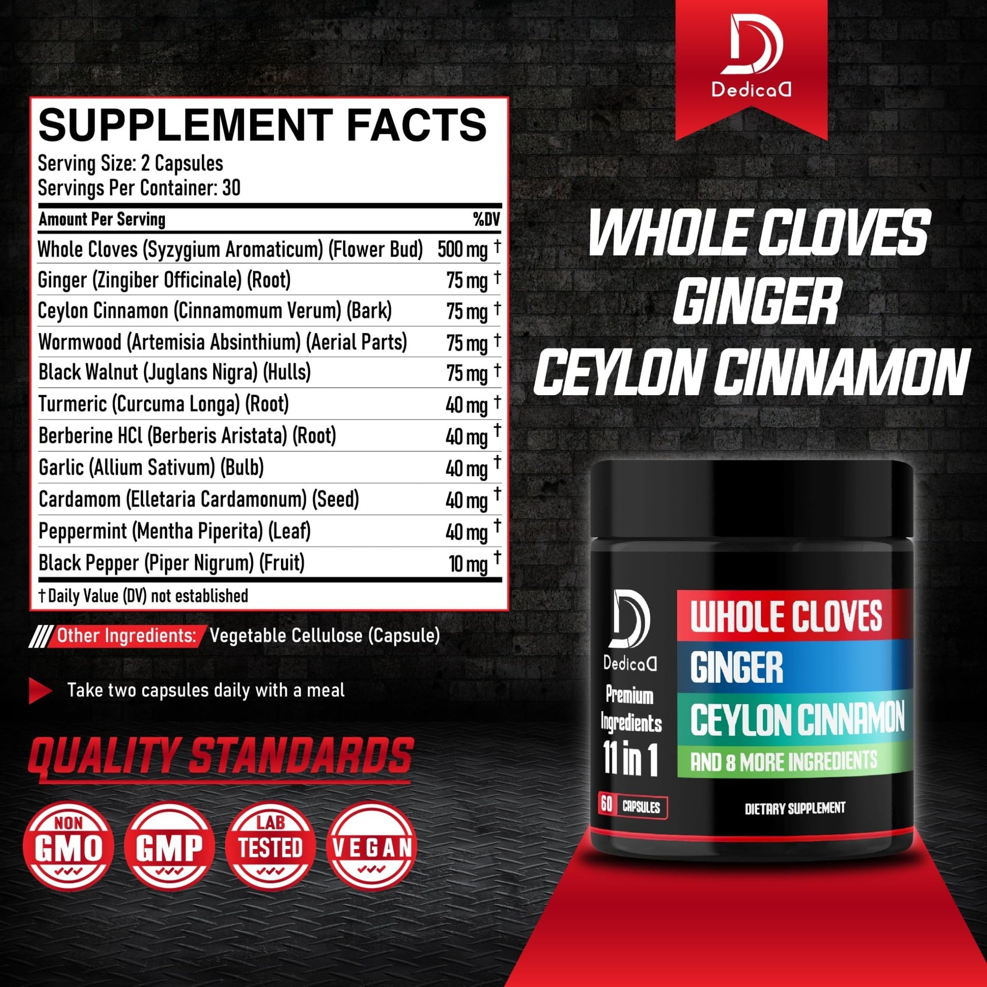 DEDICAD 11in1 Cloves Supplement with Ginger, Ceylon Cinnamon and 8 Other More - Digestive, Immune System, Mood Support - 60 Capsules - 30 Days Supply - dailyvitalstore