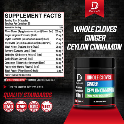 DEDICAD 11in1 Cloves Supplement with Ginger, Ceylon Cinnamon and 8 Other More - Digestive, Immune System, Mood Support - 60 Capsules - 30 Days Supply - dailyvitalstore