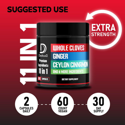 DEDICAD 11in1 Cloves Supplement with Ginger, Ceylon Cinnamon and 8 Other More - Digestive, Immune System, Mood Support - 60 Capsules - 30 Days Supply - dailyvitalstore