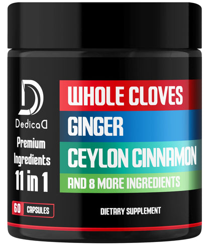 DEDICAD 11in1 Cloves Supplement with Ginger, Ceylon Cinnamon and 8 Other More - Digestive, Immune System, Mood Support - 60 Capsules - 30 Days Supply - dailyvitalstore