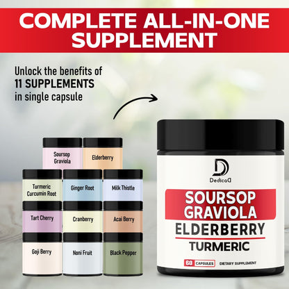 DEDICAD 11in1 Graviola Soursop Capsules - Blended with Elderberry, Turmeric, Ginger, Milk Thistle, Cranberry & More - Support Positive Mood, Immune System & Body Management - dailyvitalstore