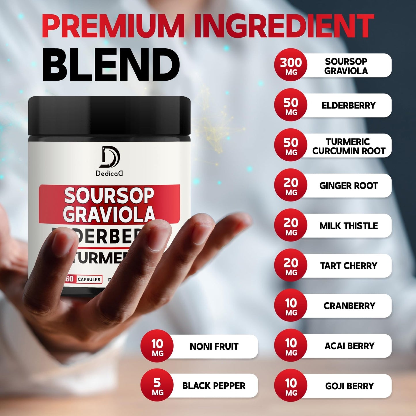 DEDICAD 11in1 Graviola Soursop Capsules - Blended with Elderberry, Turmeric, Ginger, Milk Thistle, Cranberry & More - Support Positive Mood, Immune System & Body Management - dailyvitalstore