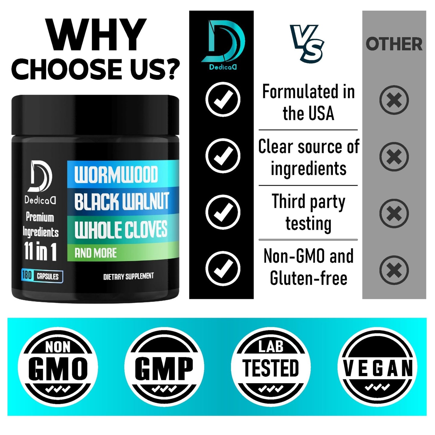 DEDICAD 11in1 Wormwood Capsules - 180 Capsules Extracted from Black Walnut, Cloves, Ginger, Turmeric, Apple, Berberine HCl & More - Support Immune System for 3 Months - dailyvitalstore