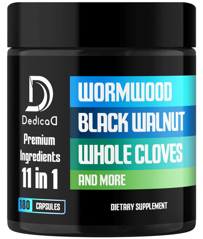 DEDICAD 11in1 Wormwood Capsules - 180 Capsules Extracted from Black Walnut, Cloves, Ginger, Turmeric, Apple, Berberine HCl & More - Support Immune System for 3 Months - dailyvitalstore