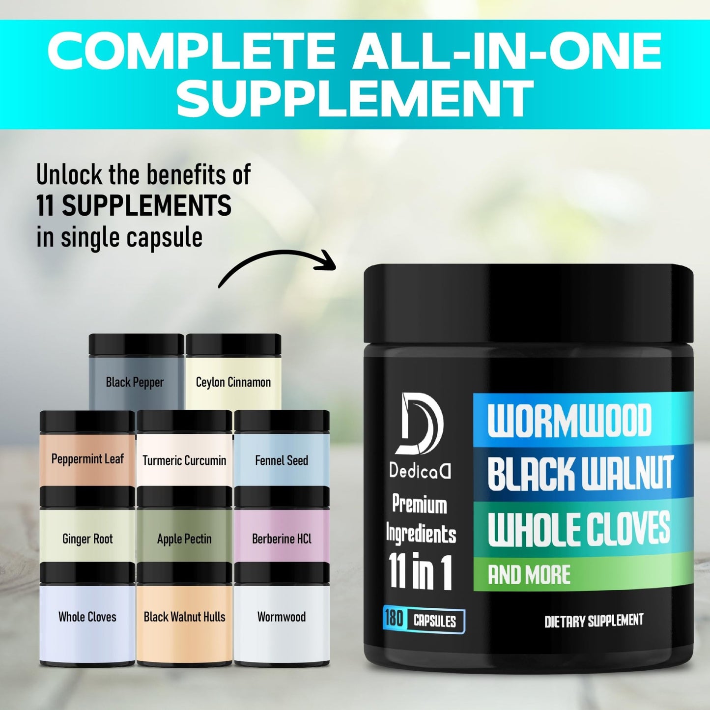 DEDICAD 11in1 Wormwood Capsules - 180 Capsules Extracted from Black Walnut, Cloves, Ginger, Turmeric, Apple, Berberine HCl & More - Support Immune System for 3 Months - dailyvitalstore