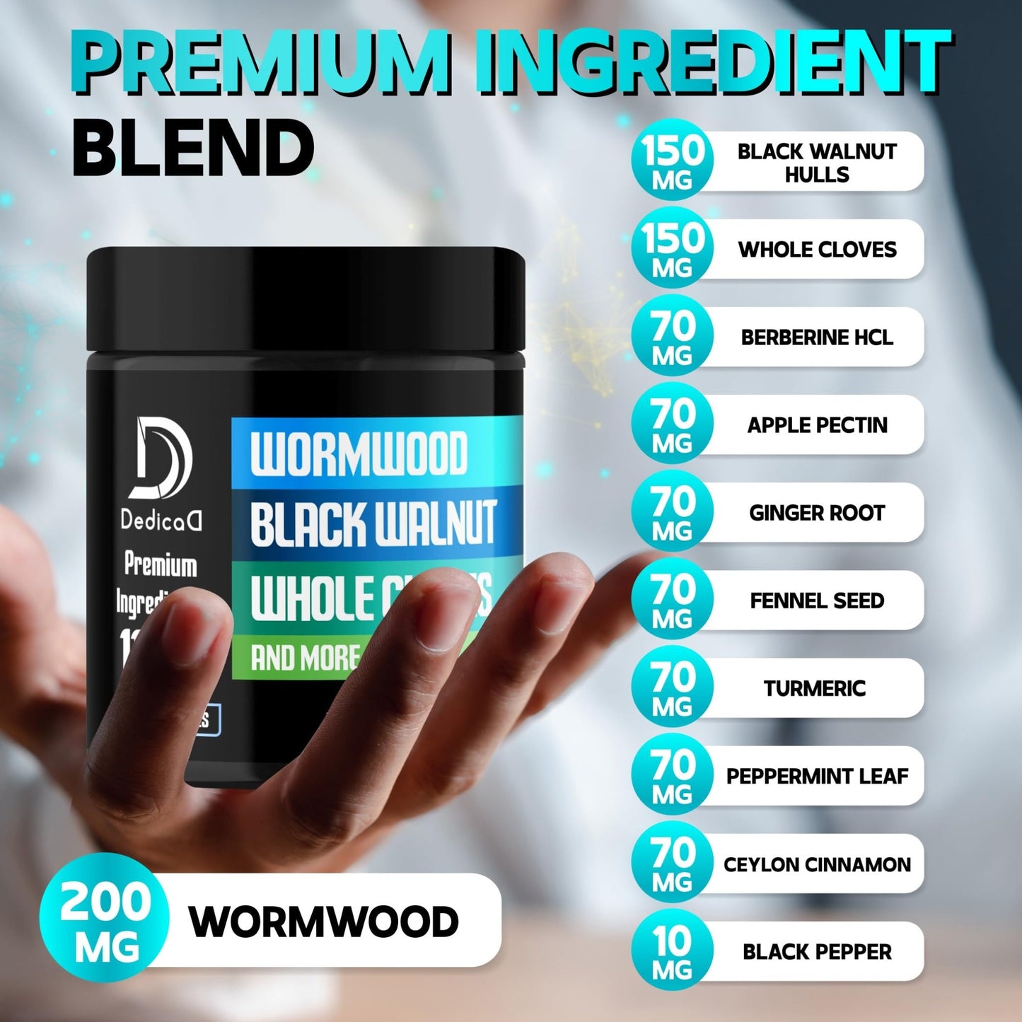 DEDICAD 11in1 Wormwood Capsules - 180 Capsules Extracted from Black Walnut, Cloves, Ginger, Turmeric, Apple, Berberine HCl & More - Support Immune System for 3 Months - dailyvitalstore
