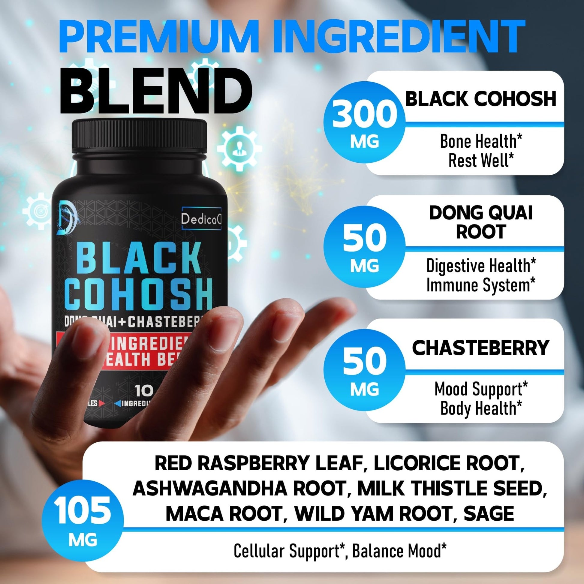 DEDICAD 12in1 Black Cohosh 5-Month Supply for Menopause Support Supplement with Dong Quai, Chasteberry, Red Raspberry, Licorice, Wild Yam & More - 150 Capsules - dailyvitalstore
