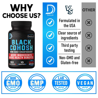 DEDICAD 12in1 Black Cohosh 5-Month Supply for Menopause Support Supplement with Dong Quai, Chasteberry, Red Raspberry, Licorice, Wild Yam & More - 150 Capsules - dailyvitalstore