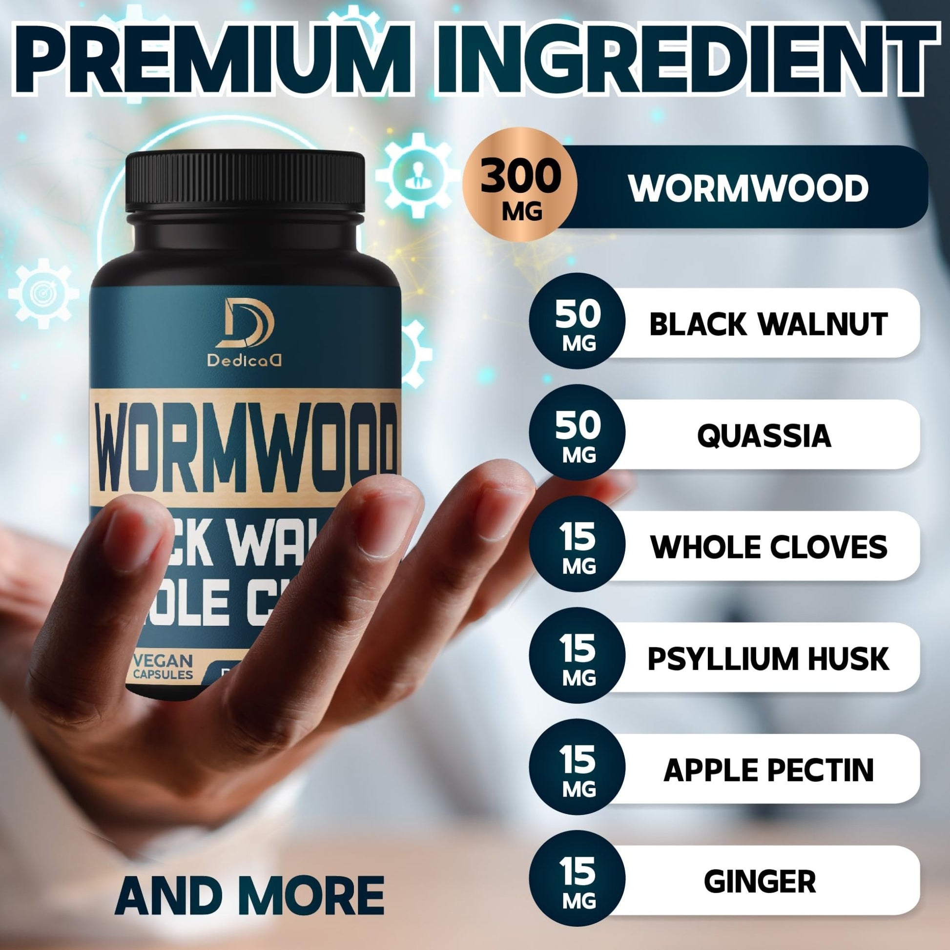 DEDICAD 12in1 Wormwood Black Walnut Clove Capsules - Immune, and Mood Support - 3 Month Supply - 90 Vegan Capsules - dailyvitalstore