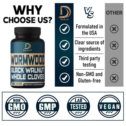 DEDICAD 12in1 Wormwood Black Walnut Clove Capsules - Immune, and Mood Support - 3 Month Supply - 90 Vegan Capsules - dailyvitalstore