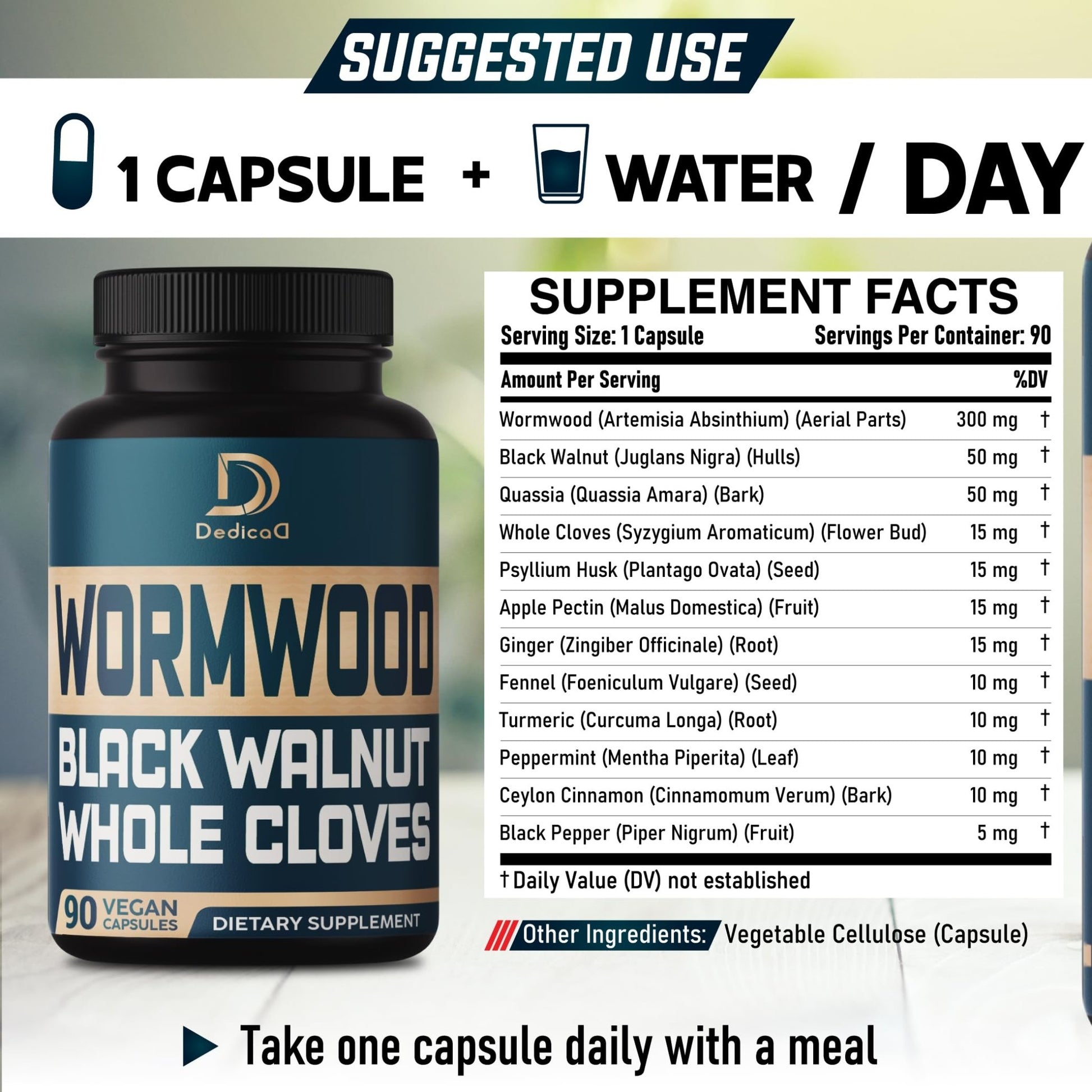 DEDICAD 12in1 Wormwood Black Walnut Clove Capsules - Immune, and Mood Support - 3 Month Supply - 90 Vegan Capsules - dailyvitalstore