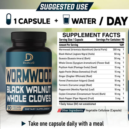 DEDICAD 12in1 Wormwood Black Walnut Clove Capsules - Immune, and Mood Support - 3 Month Supply - 90 Vegan Capsules - dailyvitalstore