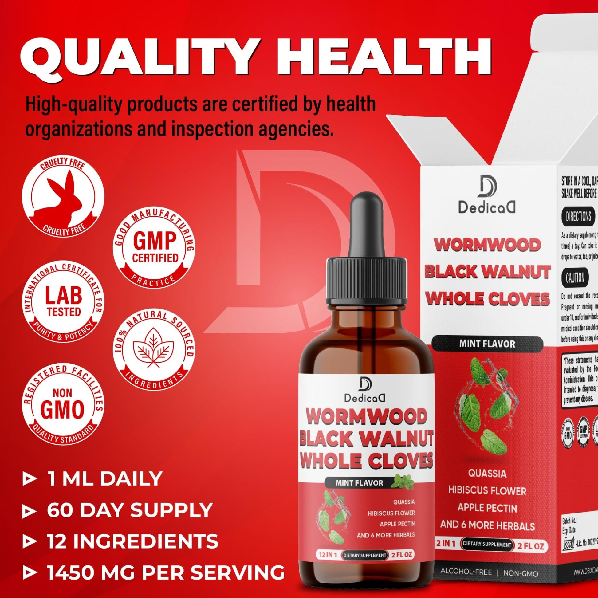 DEDICAD 12in1 Wormwood Liquid Drops Added Black Walnut, Whole Cloves and 9 More Herbs - 2 Fl Oz - 60 Days Supply - Mint Flavor - dailyvitalstore