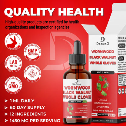DEDICAD 12in1 Wormwood Liquid Drops Added Black Walnut, Whole Cloves and 9 More Herbs - 2 Fl Oz - 60 Days Supply - Mint Flavor - dailyvitalstore