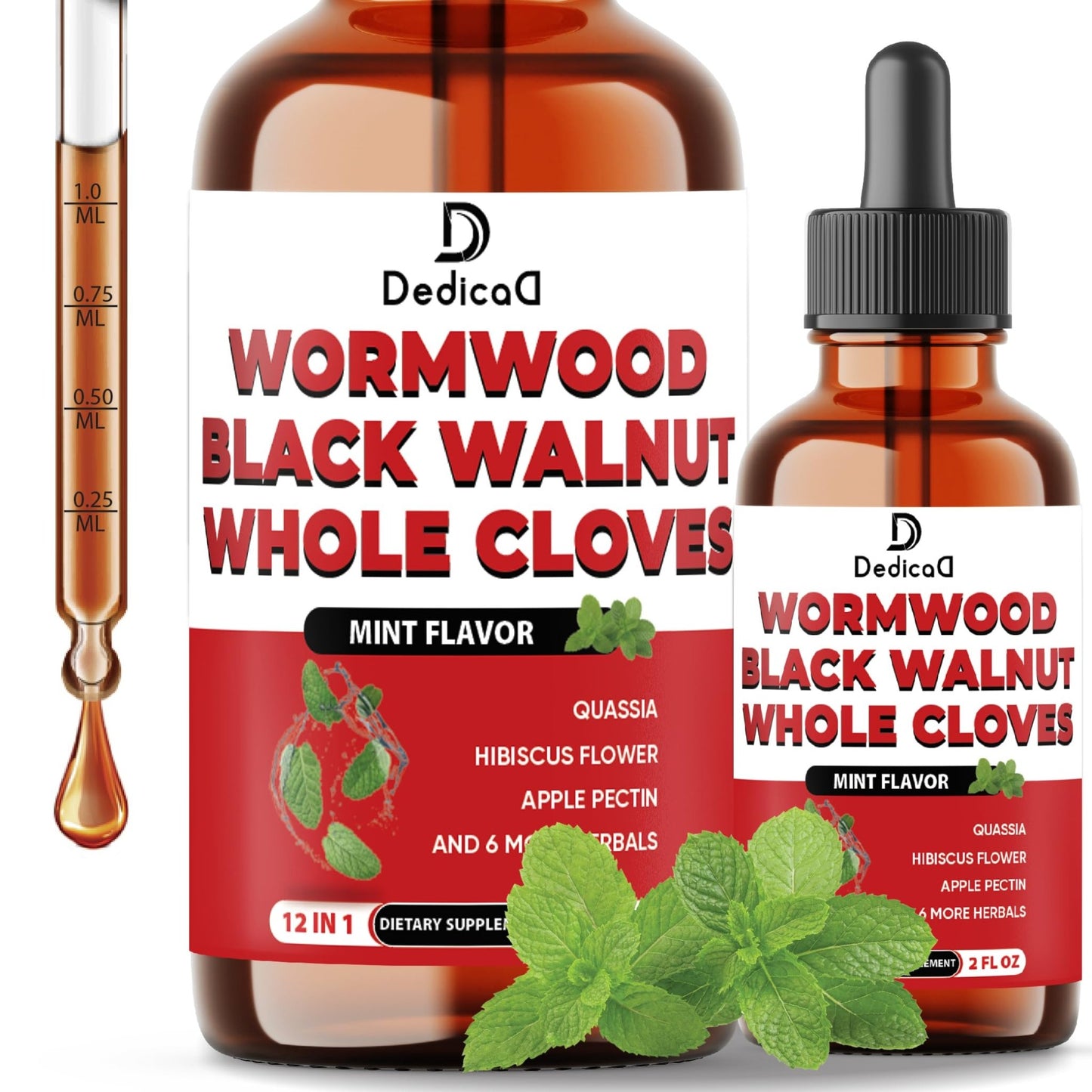 DEDICAD 12in1 Wormwood Liquid Drops Added Black Walnut, Whole Cloves and 9 More Herbs - 2 Fl Oz - 60 Days Supply - Mint Flavor - dailyvitalstore