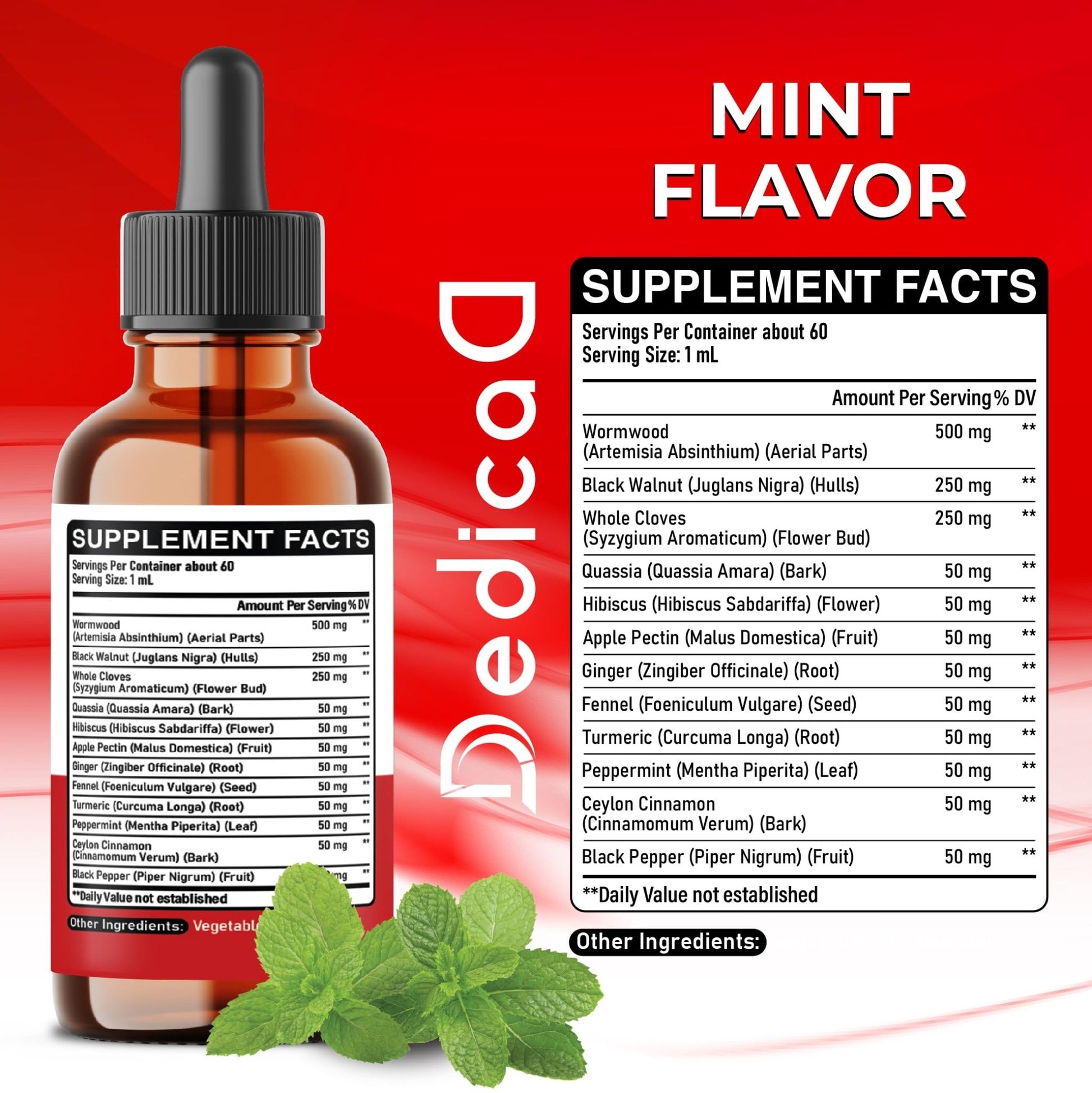 DEDICAD 12in1 Wormwood Liquid Drops Added Black Walnut, Whole Cloves and 9 More Herbs - 2 Fl Oz - 60 Days Supply - Mint Flavor - dailyvitalstore