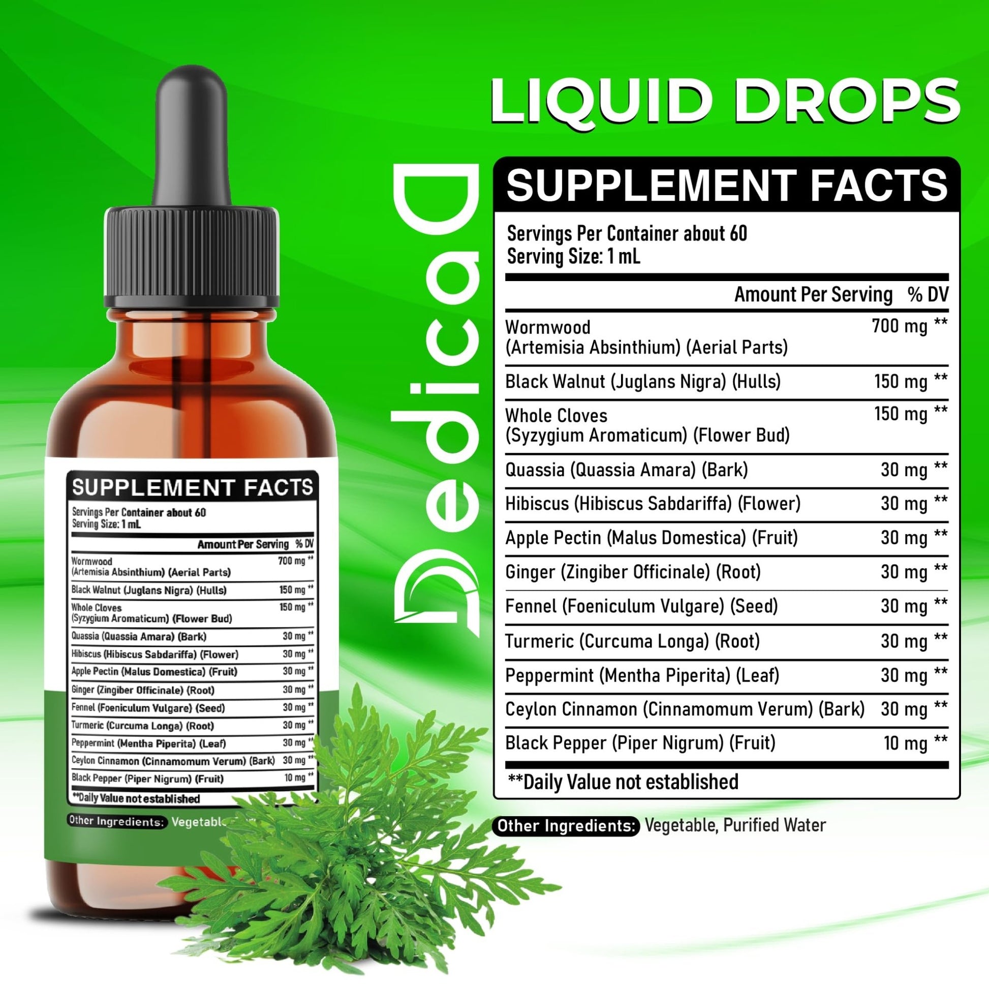 DEDICAD 12in1 Wormwood Liquid Drops - Black Walnut Wormwood Tincture Liquid Extract Whole Cloves and 9 More Herbs - 60 Days Supply - dailyvitalstore