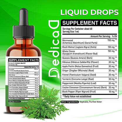 DEDICAD 12in1 Wormwood Liquid Drops - Black Walnut Wormwood Tincture Liquid Extract Whole Cloves and 9 More Herbs - 60 Days Supply - dailyvitalstore
