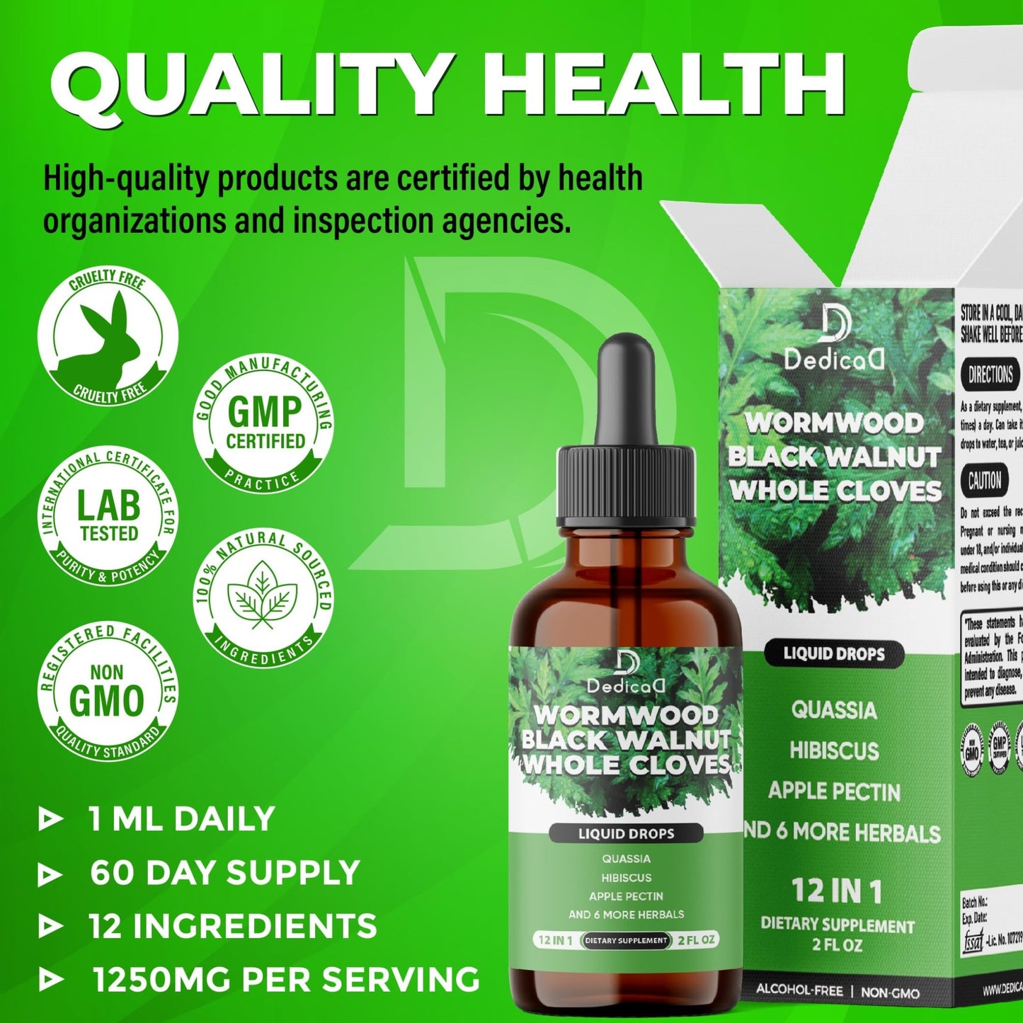 DEDICAD 12in1 Wormwood Liquid Drops - Black Walnut Wormwood Tincture Liquid Extract Whole Cloves and 9 More Herbs - 60 Days Supply - dailyvitalstore