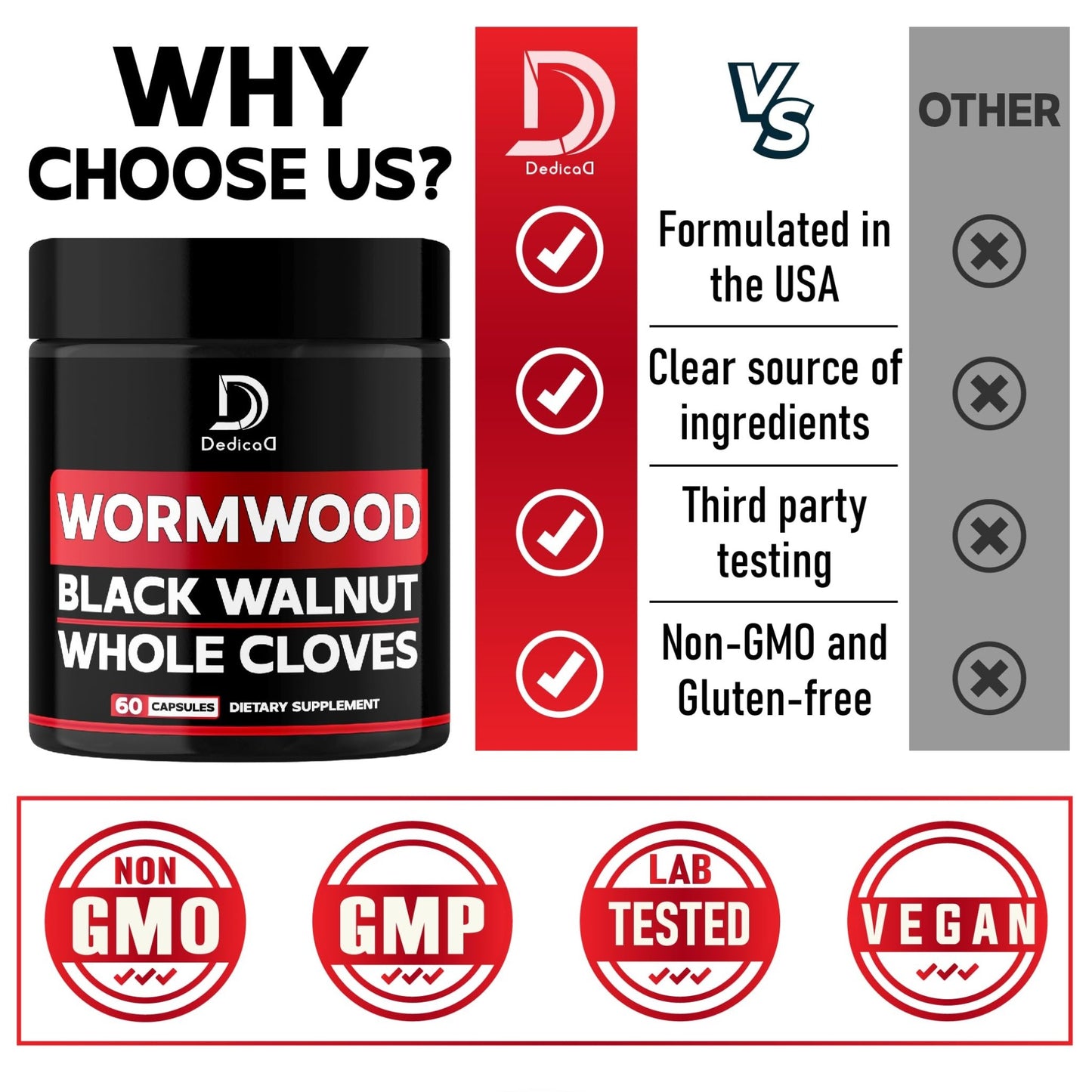 DEDICAD 1500mg Wormwood Capsules with Black Walnut & Cloves - Artemisia Annua Supplement for Immunity - 60 Vegan Capsules - dailyvitalstore