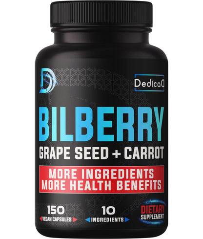 DEDICAD 20:1 Bilberry Extract Capsules - 5 Month Supply - Support Eyes, Vision & Heart Health - 10in1 Plus Grape Seed, Carrot, Elderberry, Eyebright & Others - 150 Counts - dailyvitalstore