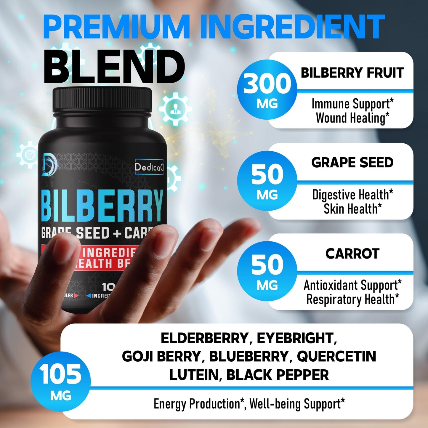 DEDICAD 20:1 Bilberry Extract Capsules - 5 Month Supply - Support Eyes, Vision & Heart Health - 10in1 Plus Grape Seed, Carrot, Elderberry, Eyebright & Others - 150 Counts - dailyvitalstore
