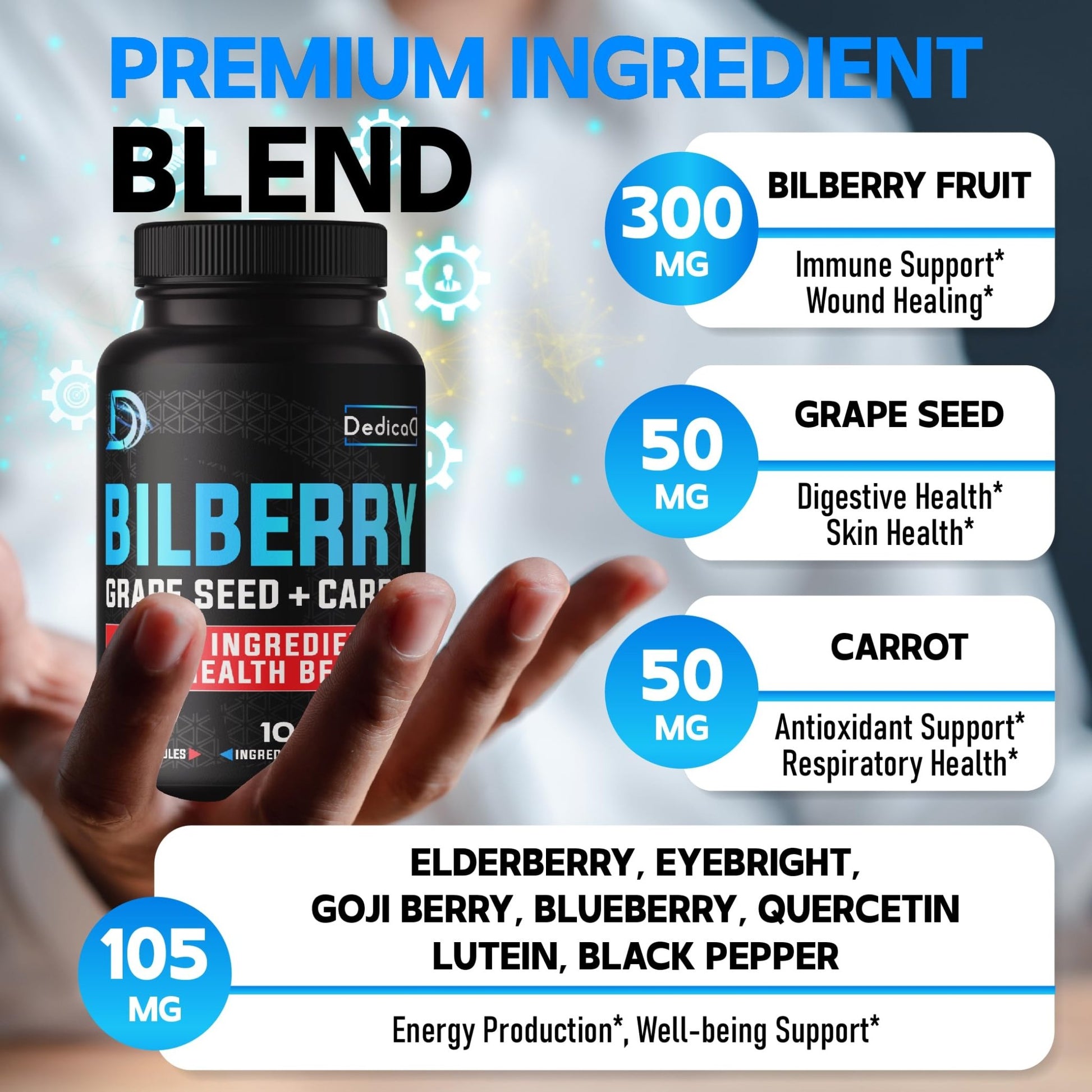 DEDICAD 20:1 Bilberry Extract Capsules - 5 Month Supply - Support Eyes, Vision & Heart Health - 10in1 Plus Grape Seed, Carrot, Elderberry, Eyebright & Others - 150 Counts - dailyvitalstore