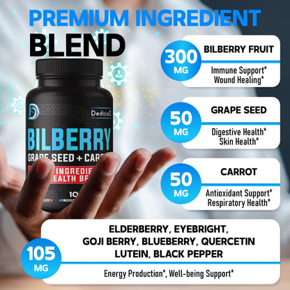 DEDICAD 20:1 Bilberry Extract Capsules - 5 Month Supply - Support Eyes, Vision & Heart Health - 10in1 Plus Grape Seed, Carrot, Elderberry, Eyebright & Others - 150 Counts - dailyvitalstore