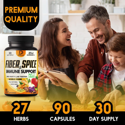 DEDICAD 27in1 Fiber and Spice Supplement - Combined with Organic Psyllium, Whole Apple, Elderberry & More - Support Mood, Body & Immunity - 90 Capsules for 1 Month - dailyvitalstore