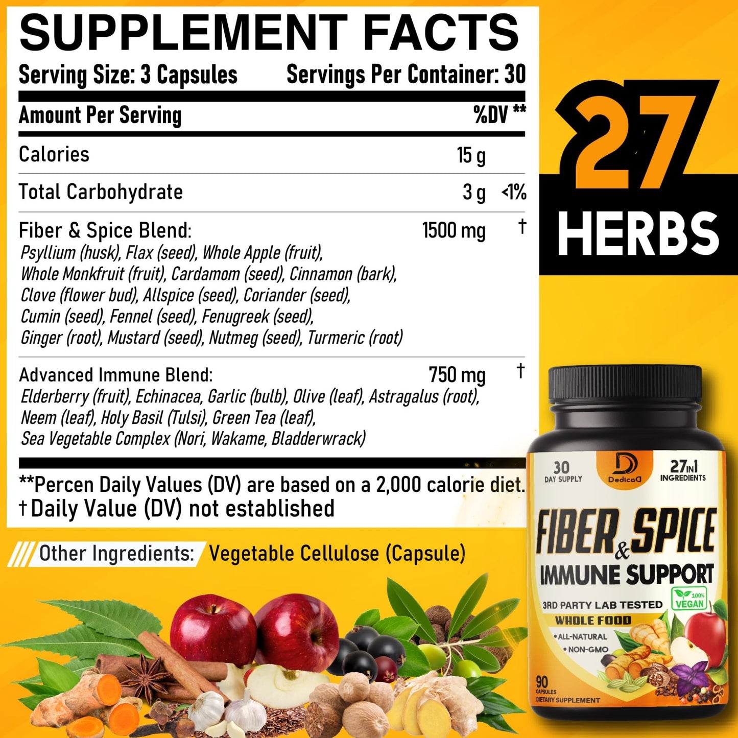 DEDICAD 27in1 Fiber and Spice Supplement - Combined with Organic Psyllium, Whole Apple, Elderberry & More - Support Mood, Body & Immunity - 90 Capsules for 1 Month - dailyvitalstore