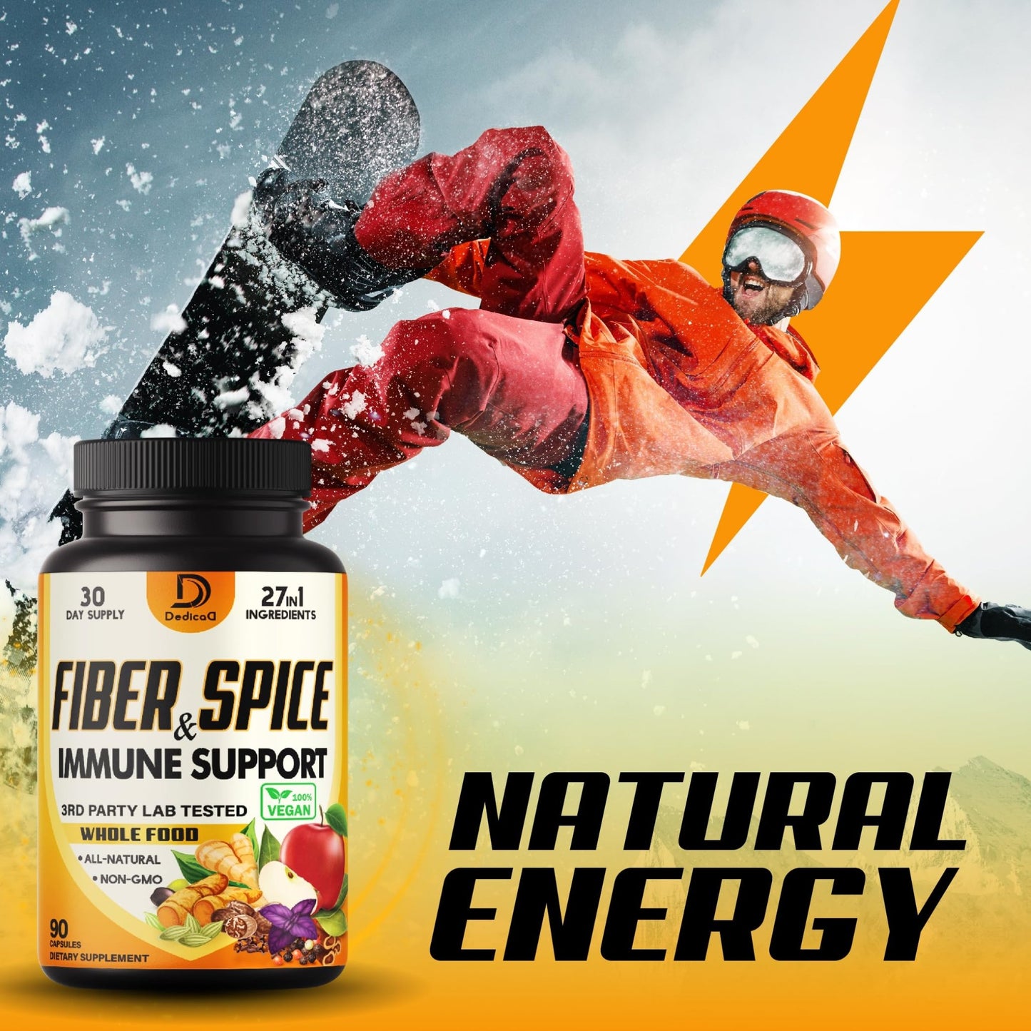 DEDICAD 27in1 Fiber and Spice Supplement - Combined with Organic Psyllium, Whole Apple, Elderberry & More - Support Mood, Body & Immunity - 90 Capsules for 1 Month - dailyvitalstore