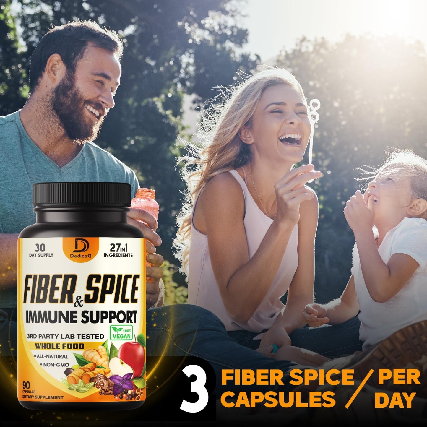 DEDICAD 27in1 Fiber and Spice Supplement - Combined with Organic Psyllium, Whole Apple, Elderberry & More - Support Mood, Body & Immunity - 90 Capsules for 1 Month - dailyvitalstore