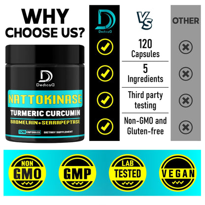 DEDICAD 4-in-1 Nattokinase 2000 Fu, Turmeric, Bromelain, Serrapeptase - Spike Protein Detox - Body Balance, Circulation Health & Immune System - 120 Capsules 4-Month Supply - dailyvitalstore