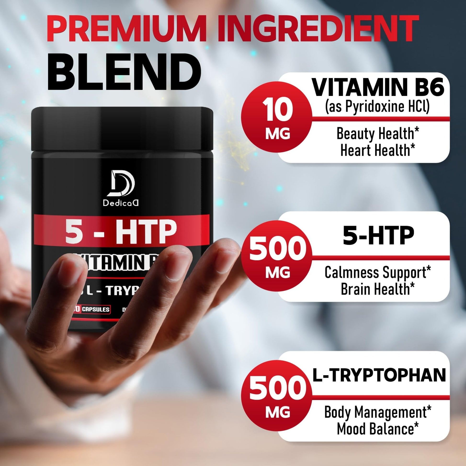 DEDICAD 5 HTP Supplement 1010mg - 60 Capsules - 3in1 Combined with Vitamin B6, L-Tryptophan - Comfortable Mood, Brain Health, Body Management & Immune System Support - dailyvitalstore