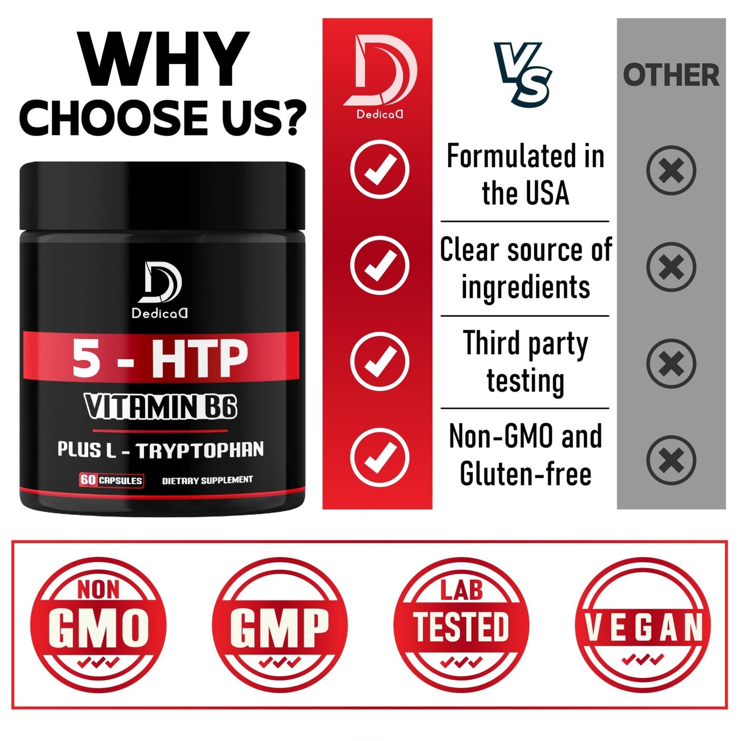 DEDICAD 5 HTP Supplement 1010mg - 60 Capsules - 3in1 Combined with Vitamin B6, L-Tryptophan - Comfortable Mood, Brain Health, Body Management & Immune System Support - dailyvitalstore
