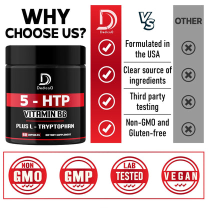 DEDICAD 5 HTP Supplement 1010mg - 60 Capsules - 3in1 Combined with Vitamin B6, L-Tryptophan - Comfortable Mood, Brain Health, Body Management & Immune System Support - dailyvitalstore