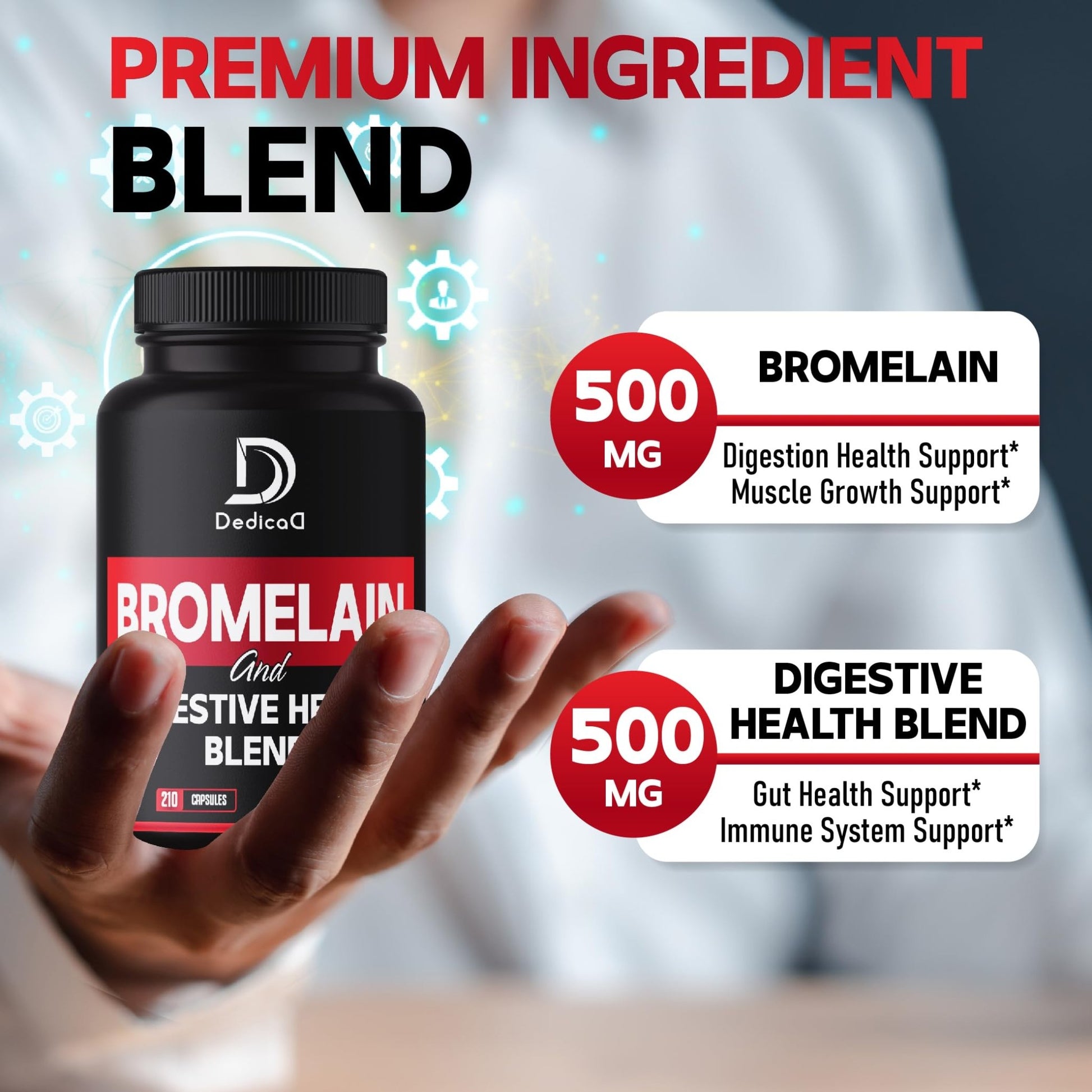 DEDICAD 6in1 Bromelain 500mg Supplement - 1000mg per Serving - 210 Capsules with Digestive Health Blend as Quercetin, Ginger, Turmeric, Papaya - Support Overall Health, Digestion & Immune System - dailyvitalstore