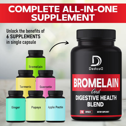 DEDICAD 6in1 Bromelain 500mg Supplement - 1000mg per Serving - 210 Capsules with Digestive Health Blend as Quercetin, Ginger, Turmeric, Papaya - Support Overall Health, Digestion & Immune System - dailyvitalstore