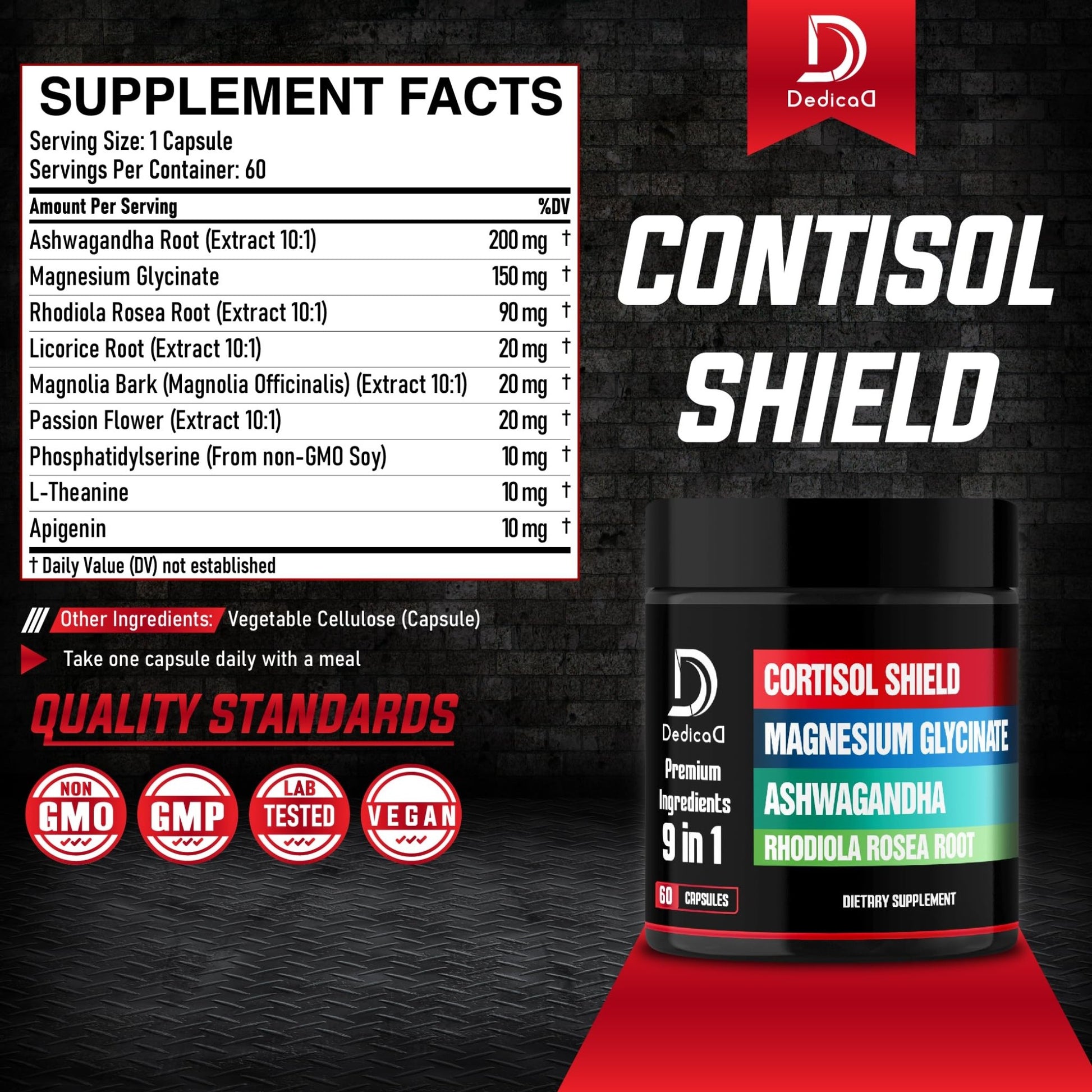 DEDICAD 9in1 Cortisol Shield - Magnesium Glycinate & Ashwagandha with Rhodiola, Phosphatidylserine, Passion Flower, L-Theanine, Apigenin, Licorice, Magnolia - Rest Well & Mood Balance - 60 Count - dailyvitalstore