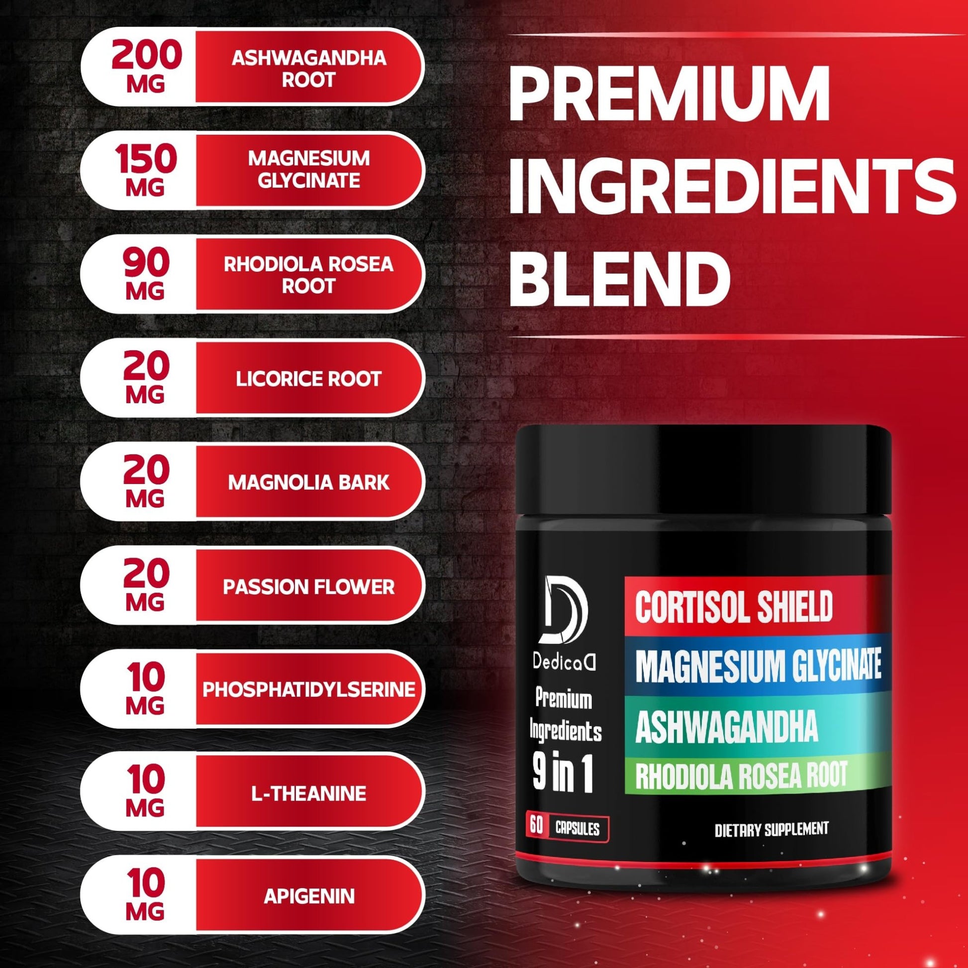 DEDICAD 9in1 Cortisol Shield - Magnesium Glycinate & Ashwagandha with Rhodiola, Phosphatidylserine, Passion Flower, L-Theanine, Apigenin, Licorice, Magnolia - Rest Well & Mood Balance - 60 Count - dailyvitalstore